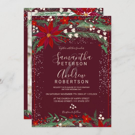 Winter Christmas red floral snow photo wedding Invitation | Zazzle.com