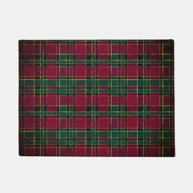 Winter Christmas Red & Green Tartan & Gold Foil Doormat (Front)