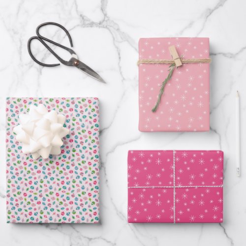 Winter Christmas Retro Inspired Pink Patterns Wrapping Paper Sheets