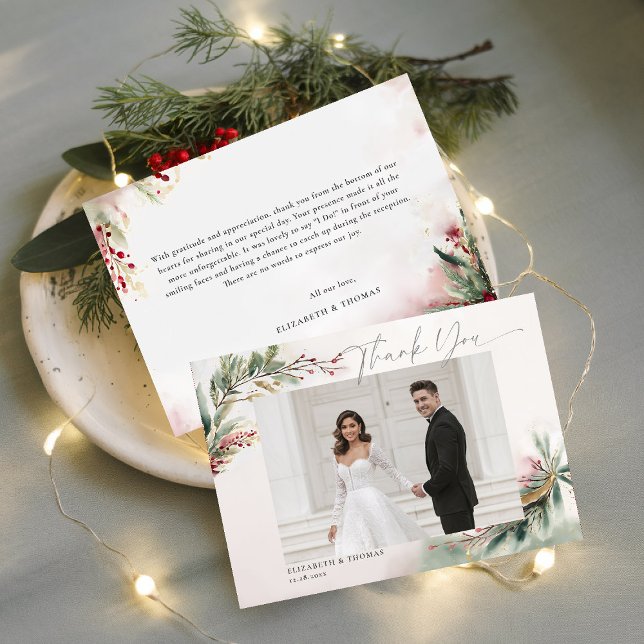 Winter Christmas Romantic Wedding Photo Thank You Card (winter christmas wedding bridal shower thank you card greenery botanical berries red green gold chic)
