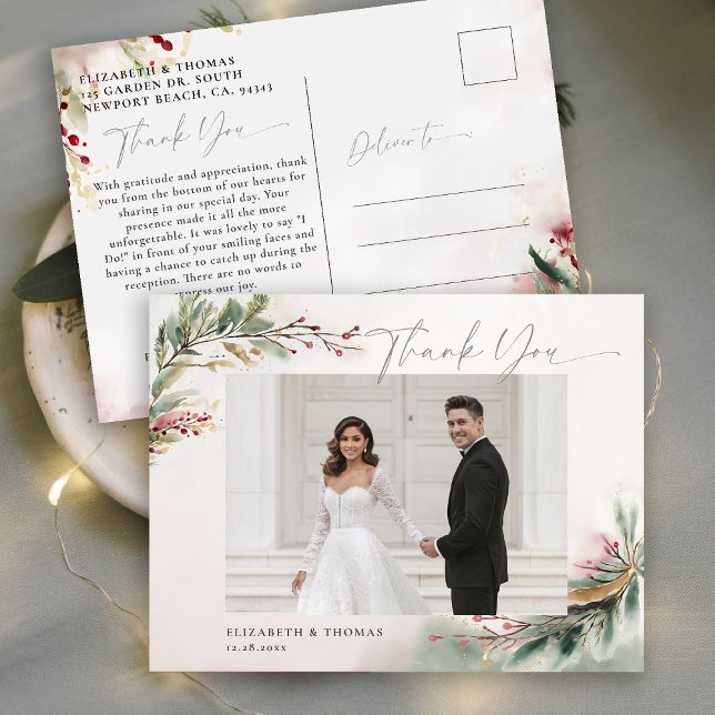 Winter Christmas Romantic Wedding Photo Thank You Postcard (winter christmas wedding bridal shower thank you postcard greenery botanical berries red green gold )