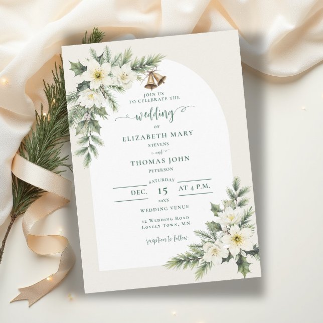 Winter Christmas Roses Greenery Arch Wedding Invitation (winter wedding invitation christmas roses bells elegant rustic frame muted green botanical arch)