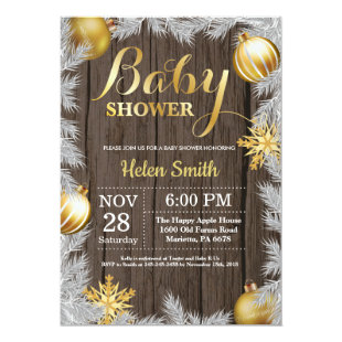 Winter Christmas Rustic Gold Baby Shower Invitation