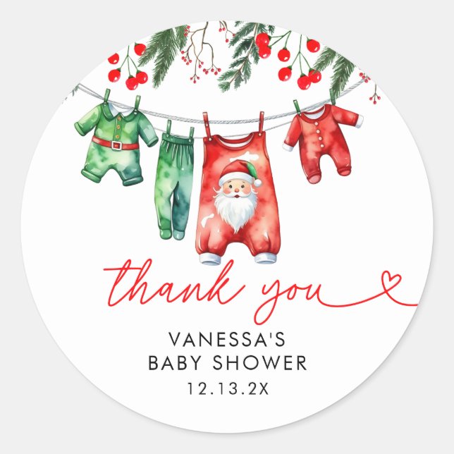 Winter Christmas Santa Baby Shower Thank You Classic Round Sticker (Front)
