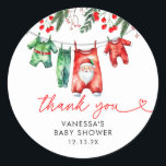 Winter Christmas Santa Baby Shower Thank You Classic Round Sticker<br><div class="desc">Add a festive touch to your thank-you notes or party favors with our Winter Christmas Santa Baby Shower Classic Round Sticker. Featuring a joyful Santa Claus design surrounded by wintery elements like snowflakes and greenery, these stickers are perfect for sealing envelopes, decorating gift bags, or adding a personal touch to...</div>