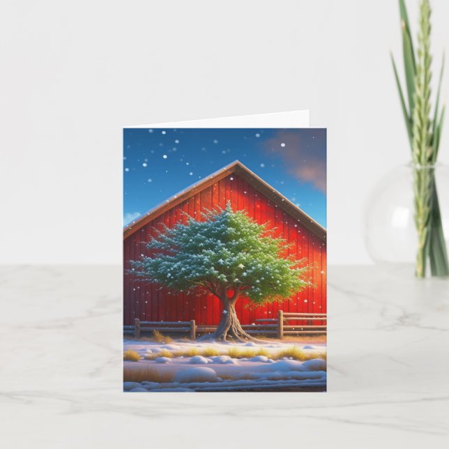 Winter Christmas Scene With Red Barn Holiday Card (Front)