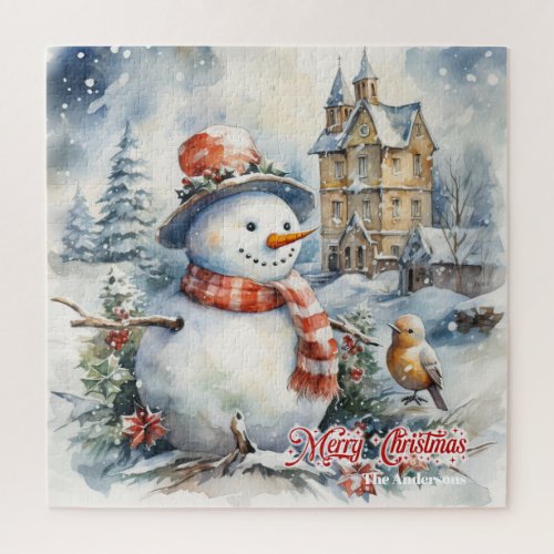 Winter Christmas scene with snowman in snow forest Jigsaw Puzzle