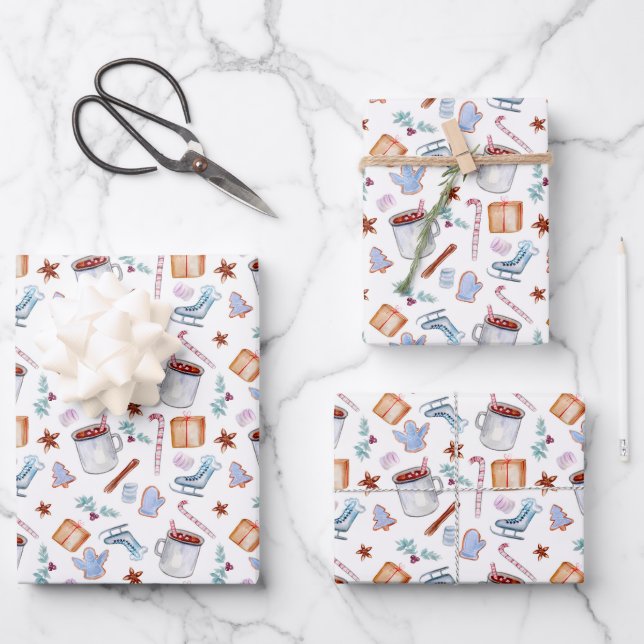 Winter Christmas Season Candy Canes Ice Skates Wrapping Paper Sheets (Front)