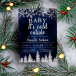 Winter Christmas silver snow pine navy baby shower Invitation<br><div class="desc">Baby it's cold outside! Celebrate your baby coming with this silver glitter sparkles snow and snowflakes,  with silver shiny pine trees forest on an elegant winter navy blue watercolor background.</div>