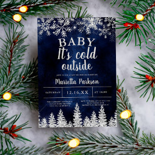 Winter Christmas silver snow pine navy baby shower Invitation