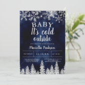 Winter Christmas silver snow pine navy baby shower Invitation (Standing Front)