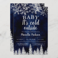 Winter Christmas silver snow pine navy baby shower Invitation