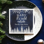 Winter Christmas silver snow pine navy baby shower Napkins<br><div class="desc">Baby it's cold outside! Celebrate your baby coming with this silver glitter sparkles snow and snowflakes,  with silver shiny pine trees forest on an elegant winter navy blue watercolor background.</div>