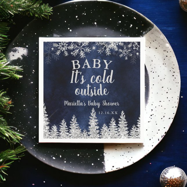 Winter Christmas silver snow pine navy baby shower Napkins (Winter Christmas silver snow pine navy baby shower Napkins)