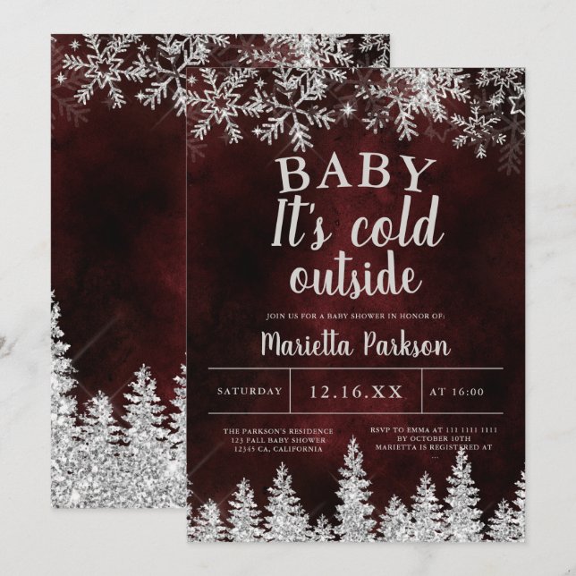 Winter Christmas silver snow pine red baby shower Invitation (Front/Back)