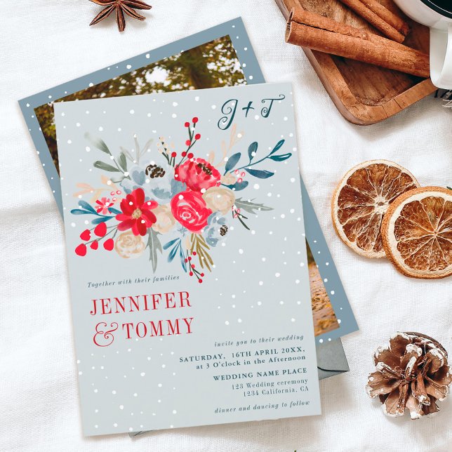 Winter Christmas snow red floral photo wedding Invitation (Creator Uploaded)
