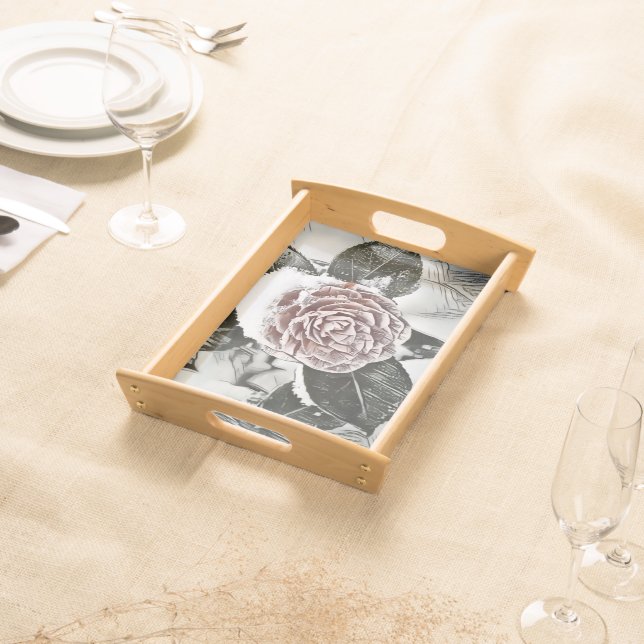 Winter, Christmas,  Snowed, Frozen Rose Drawing Serving Tray (Front)