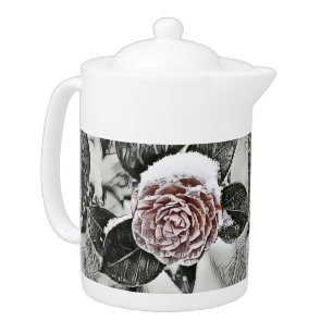 Winter, Christmas, Snowed, Frozen Rose Drawing Teapot