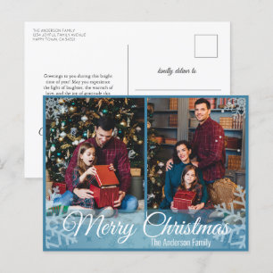 Winter Christmas Snowflakes Blue Frame 2 Photo Holiday Postcard