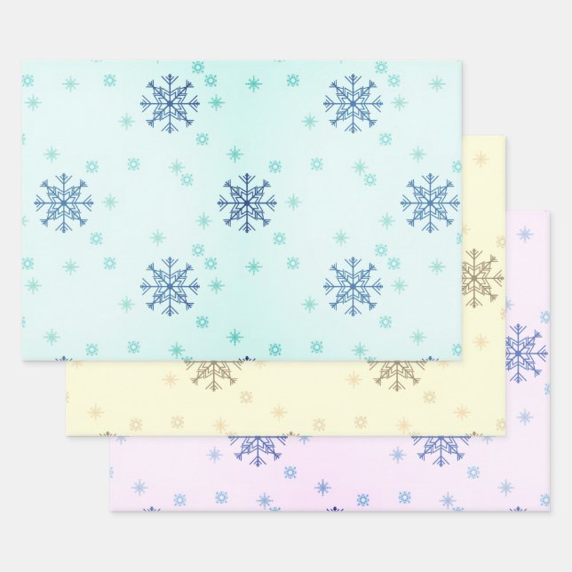  Winter Christmas Snowflakes Blue Yellow Snow Wrapping Paper Sheets (Set)