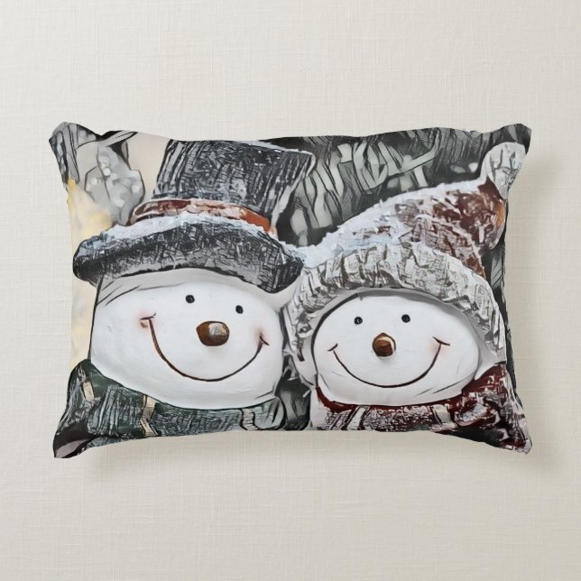 Winter, Christmas Snowman and Snow woman drawing Accent Pillow (Front)