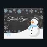 Winter Christmas Snowman Blue Thank You Card<br><div class="desc">Winter Christmas Snowman Snowflake Blue Thank You Card. Blue Snowman. Chalkboard Background. Black and White. Blue Snowflake. Love and Thanks, beautiful script font. Add your message on back or leave blank and hand write. For further customization, please click the "Customize it" button and use our design tool to modify this...</div>