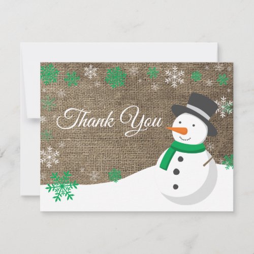 Winter Christmas Snowman Green Thank You Card