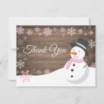 Winter Christmas Snowman Pink Thank You Card