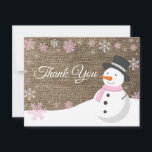 Winter Christmas Snowman Pink Thank You Card<br><div class="desc">Rustic Christmas Snowman Snowflake Pink Thank You Card. Pink Snowman. Burlap Background. Country Vintage Retro Barn. Pink Snowflake. Love and Thanks, beautiful script font. Add your message on back or leave blank and hand write. For further customization, please click the "Customize it" button and use our design tool to modify...</div>