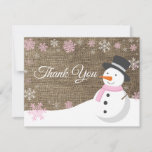 Winter Christmas Snowman Pink Thank You Card<br><div class="desc">Rustic Christmas Snowman Snowflake Pink Thank You Card. Pink Snowman. Burlap Background. Country Vintage Retro Barn. Pink Snowflake. Love and Thanks, beautiful script font. Add your message on back or leave blank and hand write. For further customization, please click the "Customize it" button and use our design tool to modify...</div>