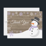 Winter Christmas Snowman Purple Thank You Card<br><div class="desc">Rustic Winter Christmas Snowman Snowflake Purple Thank You Card. Purple Snowman. Rustic Wood Background. Country Vintage Retro Barn. Purple Snowflake. Love and Thanks, beautiful script font. Add your message on back or leave blank and hand write. For further customization, please click the "Customize it" button and use our design tool...</div>
