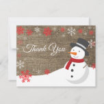 Winter Christmas Snowman Thank You Card<br><div class="desc">Winter Christmas Snowman Snowflake Red Thank You Card. Snowman. Burlap Background. Country Vintage Retro Barn. Red Snowflake. Love and Thanks, beautiful script font. Add your message on back or leave blank and hand write. For further customization, please click the "Customize it" button and use our design tool to modify this...</div>