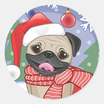 Winter & Christmas Time Pug Classic Round Sticker by MishMoshPugs at Zazzle