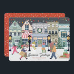Winter Christmas Town Holiday Card<br><div class="desc">This festive Christmas holiday card features a Christmas town/village with people on christmas shopping,  a cafe,  theater,  snowman and sleigh. The reverse side features a red background with white snow patterns. Personalize it for your needs. You can find matching products at my store.</div>
