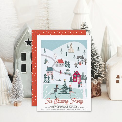 Winter Christmas TownVillage Ice Skating Birthday Invitation