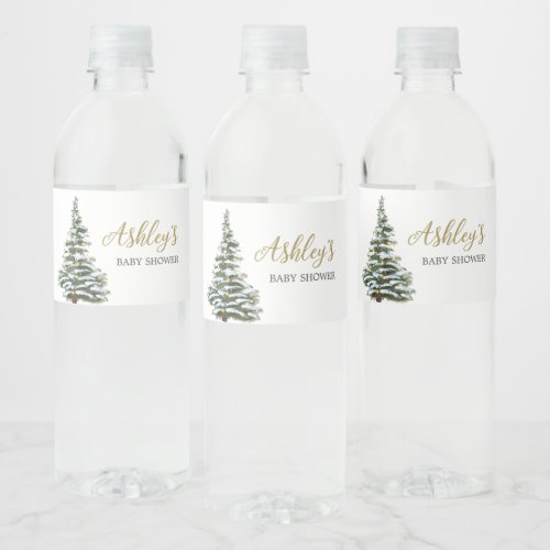 Winter Christmas Tree Baby Shower  Water Bottle Label