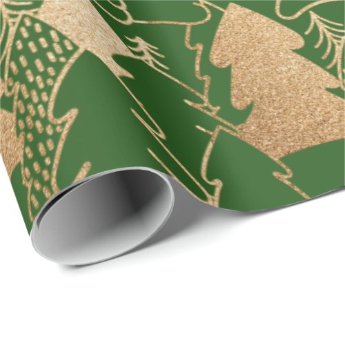 Winter Christmas Tree Green Gold Glitter Wood Wrapping Paper