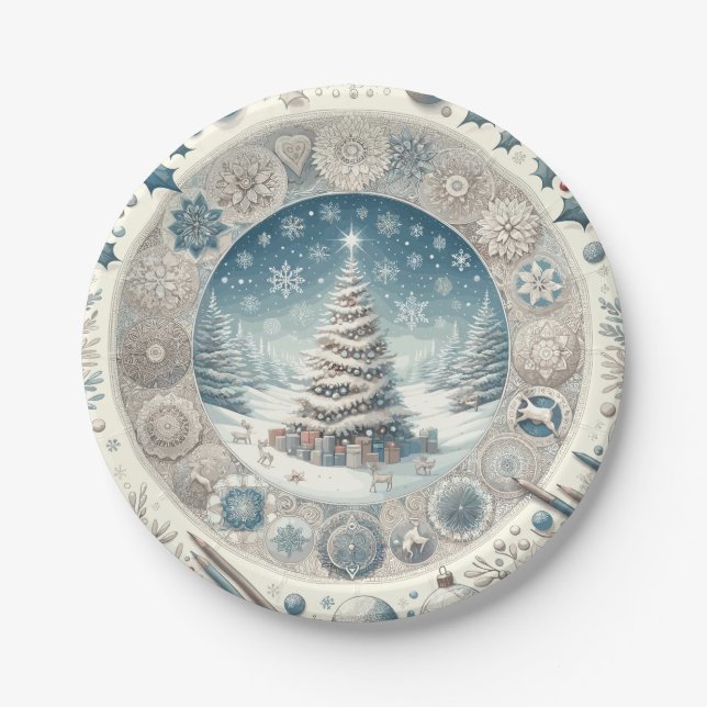 Winter Christmas Tree Paper Plates (Front)