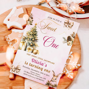 Winter Christmas Tree Pink Sweet One Birthday Invitation