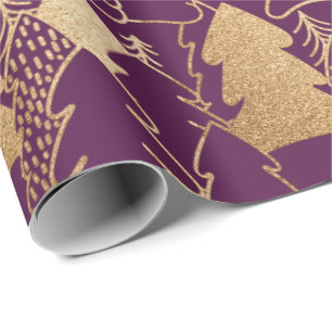 Winter Christmas Tree Purple Gold Glitter Wood Wrapping Paper