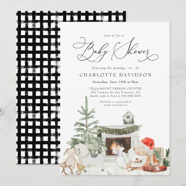 Winter Christmas Tree Rustic Plaid Baby Shower Invitation (Front/Back)