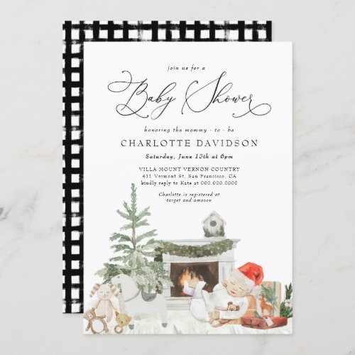 Winter Christmas Tree Rustic Plaid Baby Shower Invitation