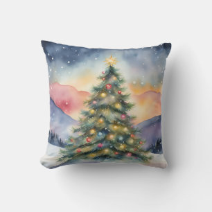 Winter Christmas Tree Snowy Sunset Scenery Throw Pillow