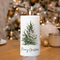 Winter Christmas Tree | Watercolor Green &amp; Gold Pillar Candle