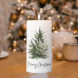 Winter Christmas Tree   Watercolor Green & Gold Pillar Candle