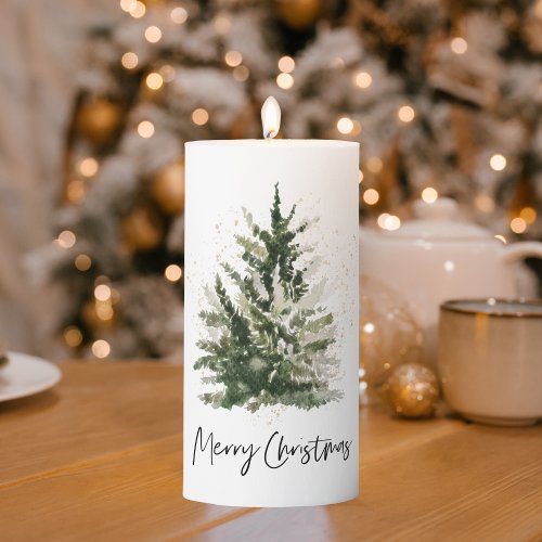 Winter Christmas Tree  Watercolor Green  Gold Pillar Candle