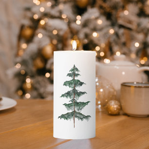 Winter Christmas Tree   Watercolor Green Pillar Candle