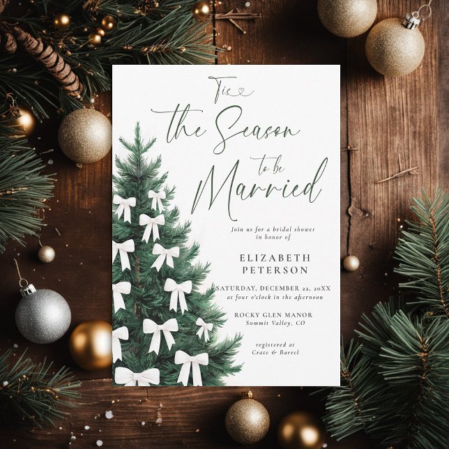 Winter Christmas Tree White Bow Chic Bridal Shower Invitation (winter bridal shower invitation christmas pine tree coquette white bows watercolor chic cozy cottage)