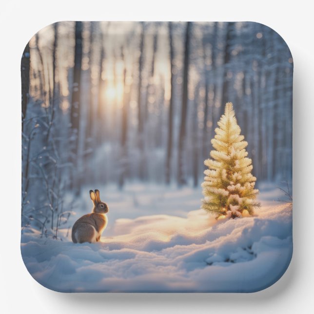 Winter Christmas Tree With Bunny Paper Plates (Front)