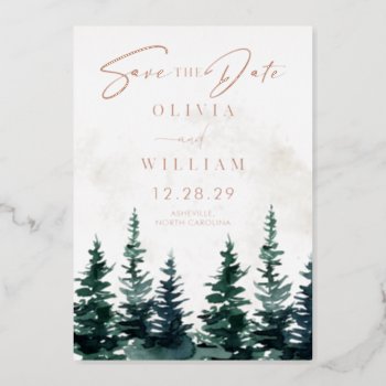 Winter Christmas Trees Holiday Save The Date Foil Invitation by rusticwedding at Zazzle